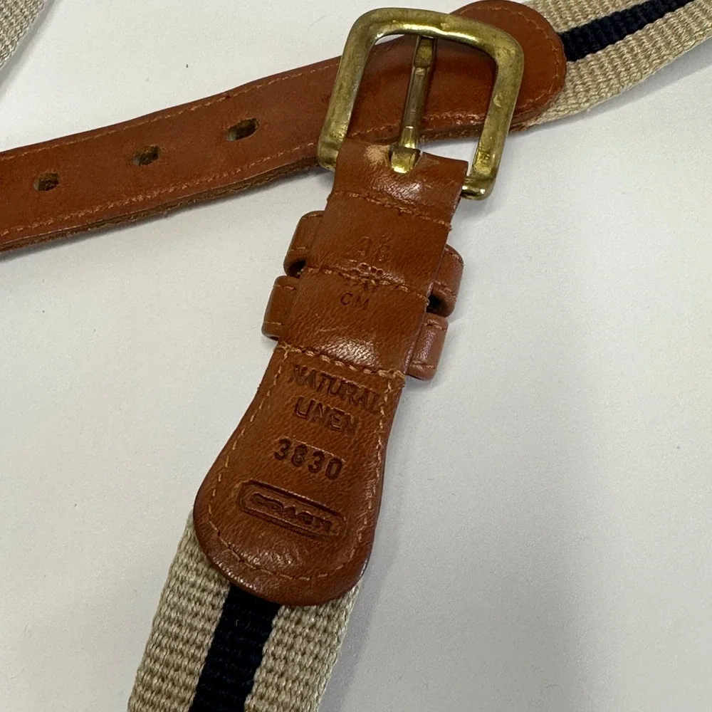 Coach‎ Belt Mens 36 Beige Navy Linen Leather Vintage 3830 Preppy Striped